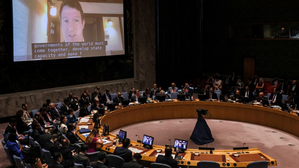 Jack Clark addresses, via video link, the UN Security Council