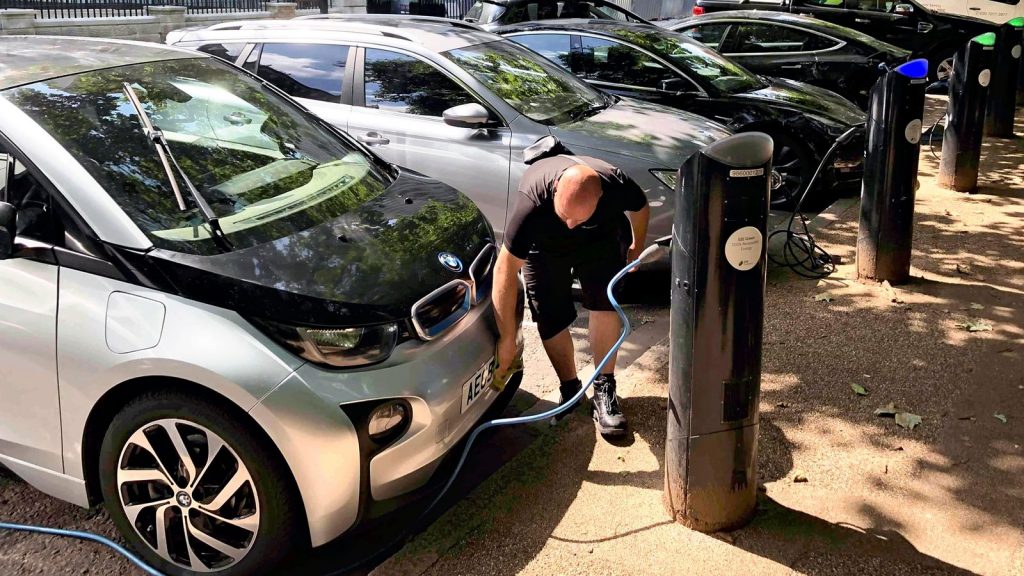 A charging station for electric vehicles and others are set in London, Great Britain on Zug. 11, 2021.( The Yomiuri Shimbun via AP Images )