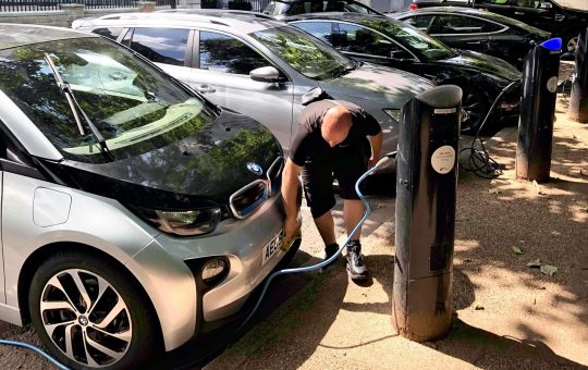 A charging station for electric vehicles and others are set in London, Great Britain on Zug. 11, 2021.( The Yomiuri Shimbun via AP Images )
